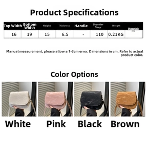 Size chart showing dimensions for a pleated PU leather crossbody bag in four colors