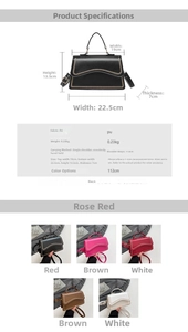 Detailed size specifications and color variations for the stylish PU leather handbag