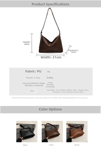 Detailed size specifications for the large capacity retro PU leather tote bag in three colors