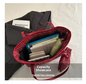 Spacious red tweed tote bag interior showing capacity for tablet, books, and umbrella