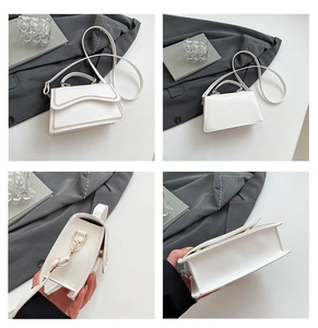 Detailed views of a white crossbody bag with gold ring buckle and decorative stitching