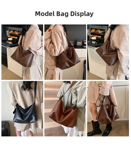 Detail shots of large capacity faux leather tote bag in coffee brown and black colors