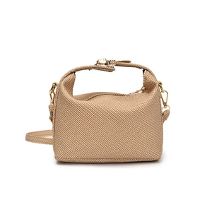 Elegant khaki woven crossbody bag with top handle and gold hardware on white background