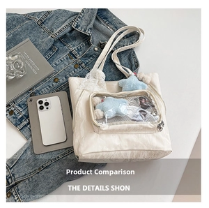 White glossy tote bag detail with transparent PVC pocket and blue star plush charm