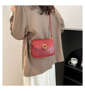 Model view of a red vintage crossbody bag with a gold horseshoe-shaped twist lock clasp