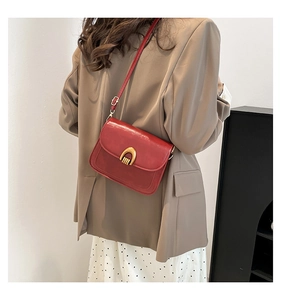 Detail view of retro red leather crossbody bag with golden horseshoe metallic buckle clasp