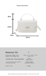 Detailed dimension guide for white PU handbag showing size 21x13x8cm and adjustable strap