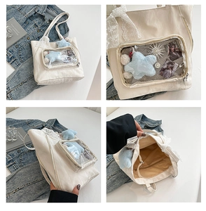 Detailed views of a white Ita bag with a transparent display window and lace bow details
