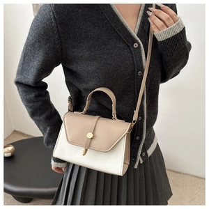 Model wearing a two-tone crossbody bag with gold metal buckle and adjustable strap