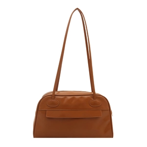 Brown faux leather bowling shoulder bag with large capacity and double straps for commute