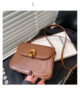 Detail of a brown leather saddle bag with a gold horseshoe-shaped buckle on its flap
