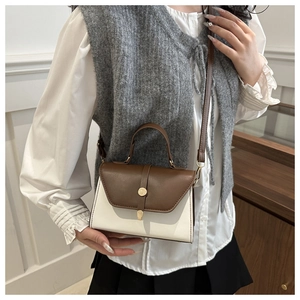 Detail of color-block crossbody bag with gold buckle and slim leather strap