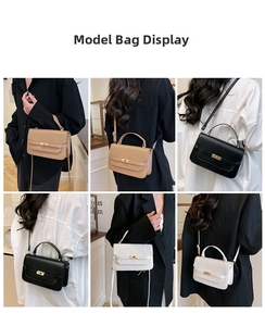 Collage of leather handbags in khaki, black, and white showing crossbody and shoulder wear