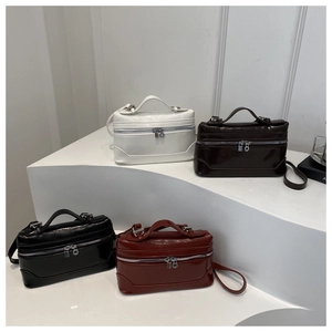 Collection of glossy vintage box bags in white, brown, black and burgundy finishes