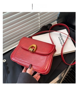Detail of red vintage saddle bag with gold horseshoe buckle on black blazer