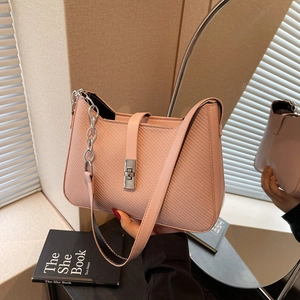 Pink minimalist underarm bag with textured PU leather, silver chain and twist lock