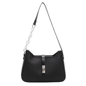 Minimalist black baguette shoulder bag with silver chain and metal twist lock