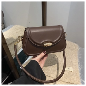 Detailed close-up of dark brown leather shoulder bag with elegant gold multi-ring clasp