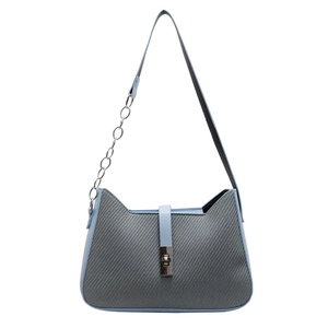 Blue and grey woven underarm bag with cat-ear silhouette and silver chain strap