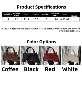 Size chart and dimensions for four colors of crocodile pattern faux leather handbags
