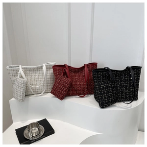 Three tweed tote bags in white red and black with matching small hanging purses