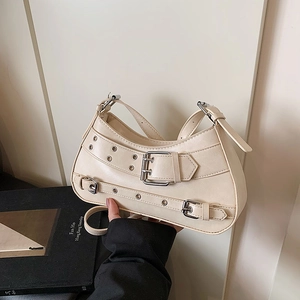 Retro cream white motorcycle style shoulder bag with metallic buckles and rivets