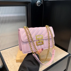 Pink quilted shoulder bag with gold chain strap and square metal lock for women