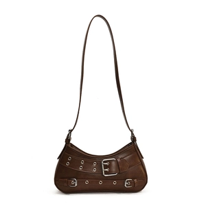 Dark brown leather Y2K punk shoulder bag with silver buckle and eyelet details