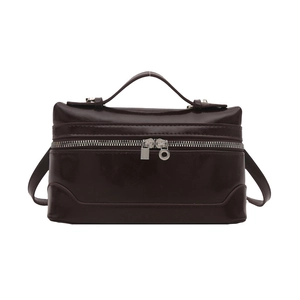 Dark coffee box-shaped handbag in glossy faux leather with gold padlock detail