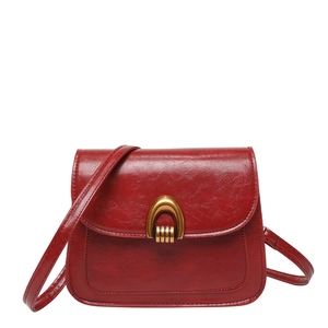 Vintage retro wine red leather shoulder bag with gold U-shaped metal buckle for women
