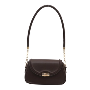 Deep brown leather underarm bag with gold cylindrical buckle and metallic chain strap