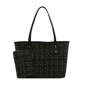 Classic tweed tote bag set with black and gold woven texture and small inner pouch