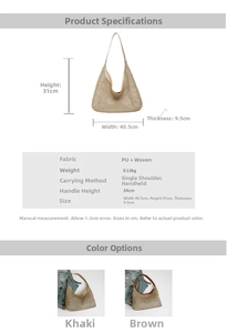 Size chart showing large straw woven tote bag dimensions 40.5x31x9.5 cm with PU strap details