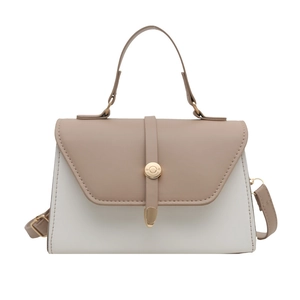 Chic two-tone crossbody bag with top handle and gold round buckle detail on white background