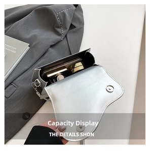 Detail view of silver saddle bag interior showing storage for phone and cosmetics