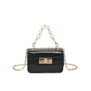 Mini black crocodile-embossed leather handbag with pearl handle and gold chain strap