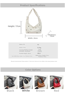 Detailed dimension guide for studded underarm bag with 24x17x7.5cm size and handle height