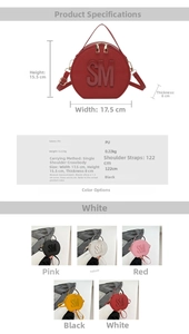 Detailed size chart and specifications for the circular PU leather crossbody bag with SM logo