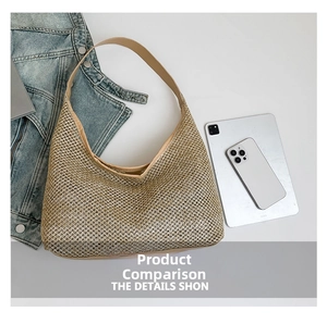 Flat lay of beige woven tote bag with tablet and phone showing large storage capacity