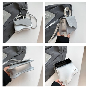 Detailed views of a silver saddle bag featuring a metallic handle and glitter finish