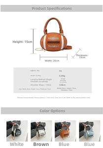 Detailed size chart and multi-color options for the creative PU rugby-shaped handbag