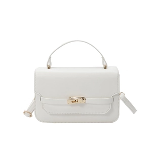 Minimalist white leather small square crossbody bag with gold rotating metal clasp closure