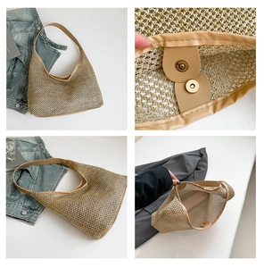 Detail view of woven straw tote bag with PU leather handles and magnetic closure hardware