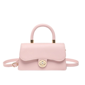 Minimalist light pink square handbag with golden metal lock and top handle for women