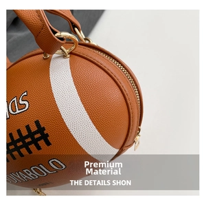 Top view of creative football shaped PU leather handbag with lychee texture and gold zipper