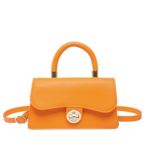 Fashionable bright orange oil wax leather handbag with gold metal twist lock and shoulder strap
