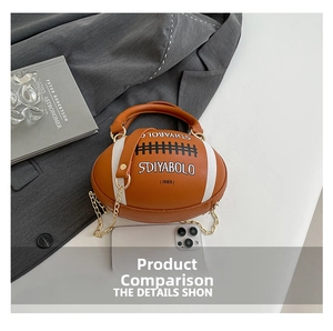 Detail of creative football-shaped handbag with metallic chain strap on a white surface