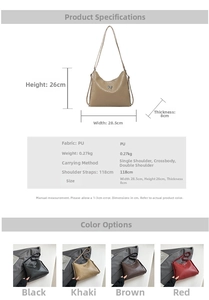 Infographic showing textured PU leather bag dimensions and available color options