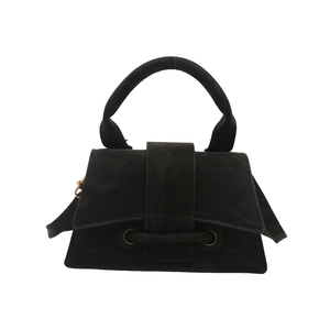 Minimalist black suede top handle crossbody handbag for women with metallic ring detail