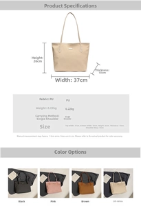 Detailed size chart and multi-color options for minimalist large capacity PU tote bag